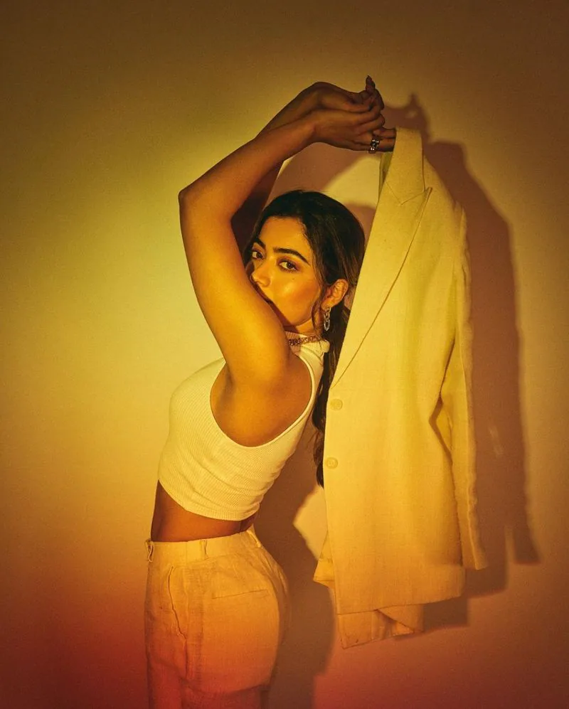 Actress rashmika mandanna hot photos without coat in white dress