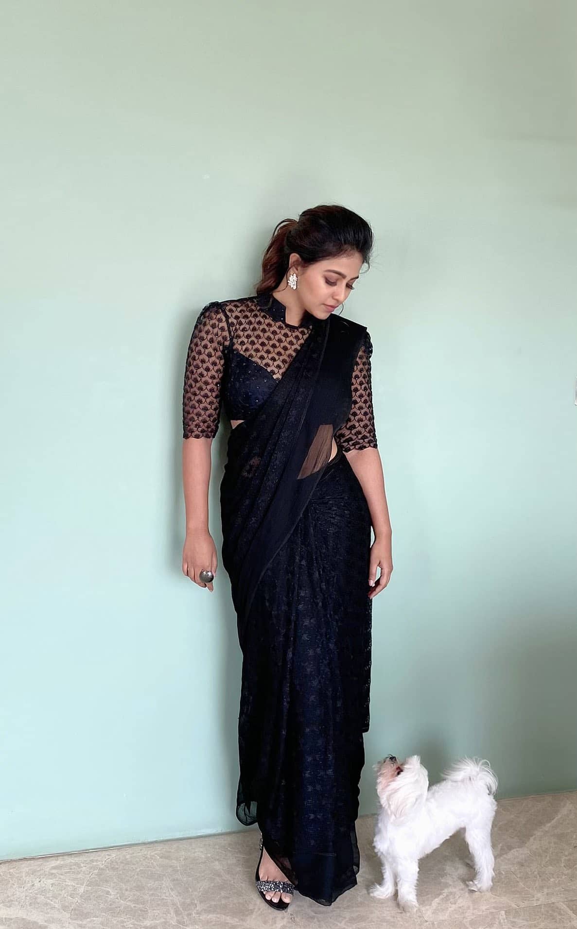 Actress anjali hot photos in black saree with her pet dog