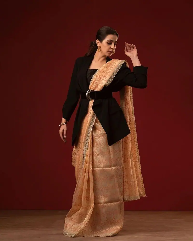 Actress nikki galrani hot photos overcoat on saree viral