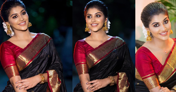 Actress yashika anandh hot photos in black colour saree and open neck blouse