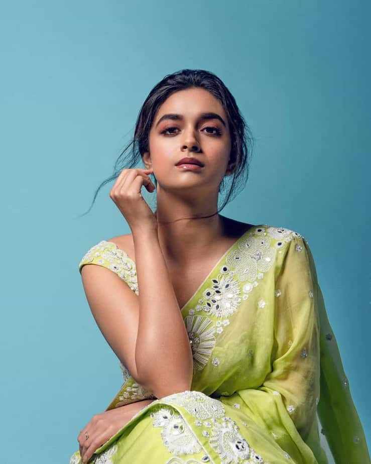 Keerthy suresh hot photos in mild green leaf color lehenga