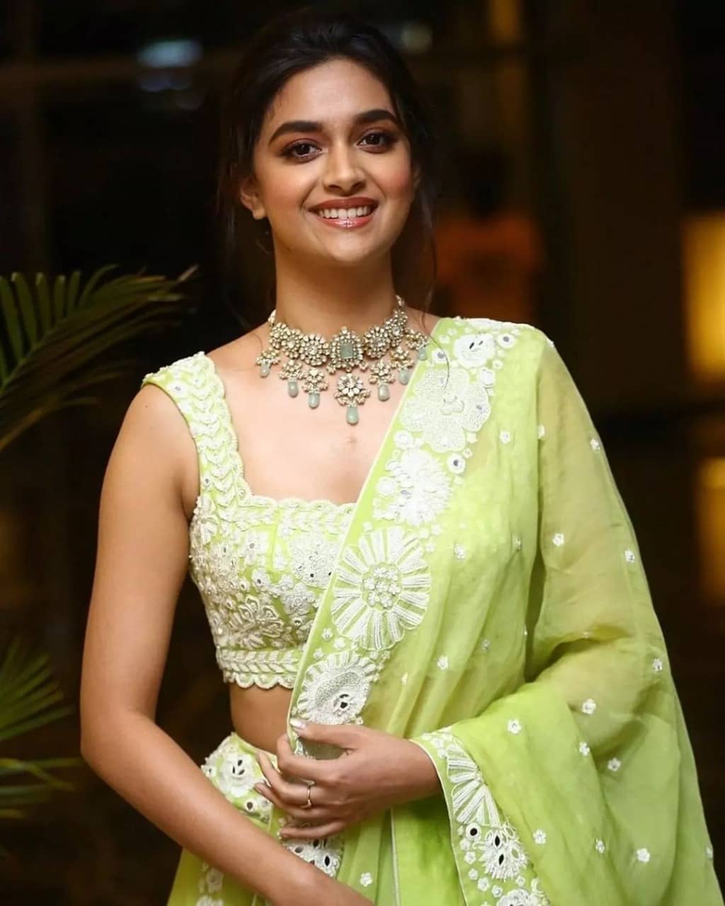 Keerthy suresh hot photos in mild green leaf color lehenga