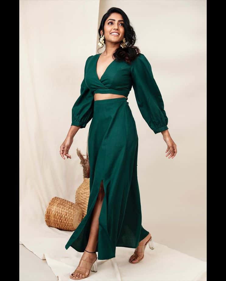 Eesha rebba hot and glamour photos in green velvet dress
