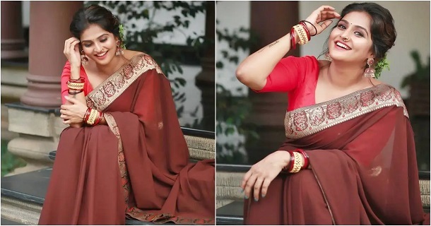 Ramya nambeesan posing inside car in lavendar colour gown