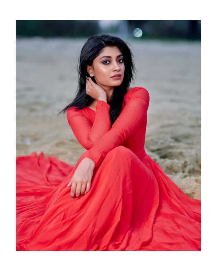 Ammu abirami latest photos in red long gown viral on net