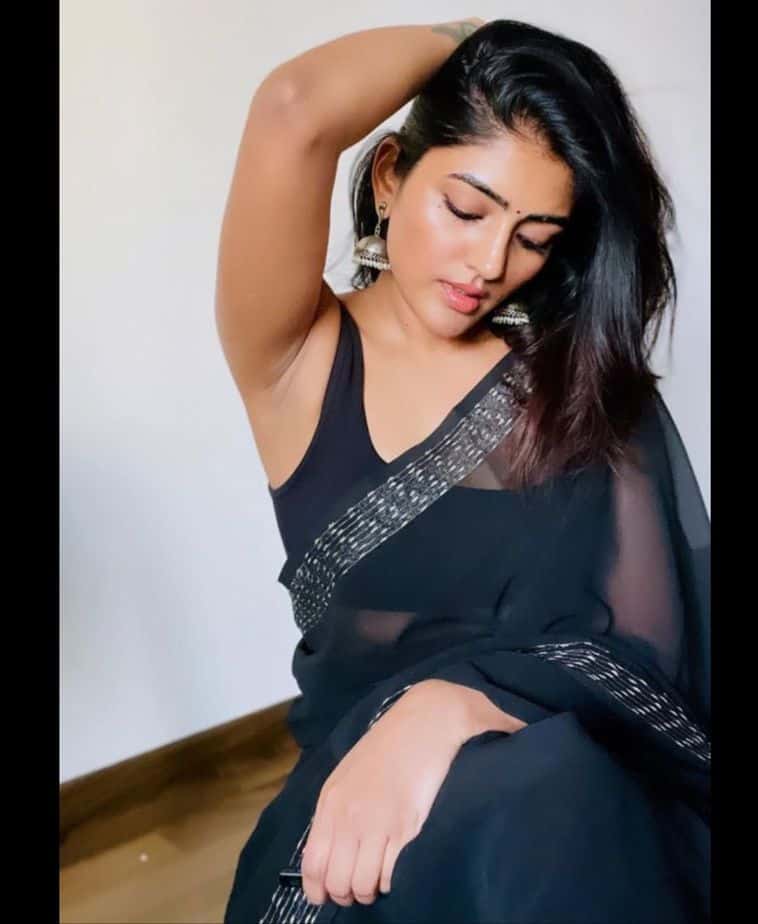 Eesha rebba hot photos in black colour transparent saree viral on net