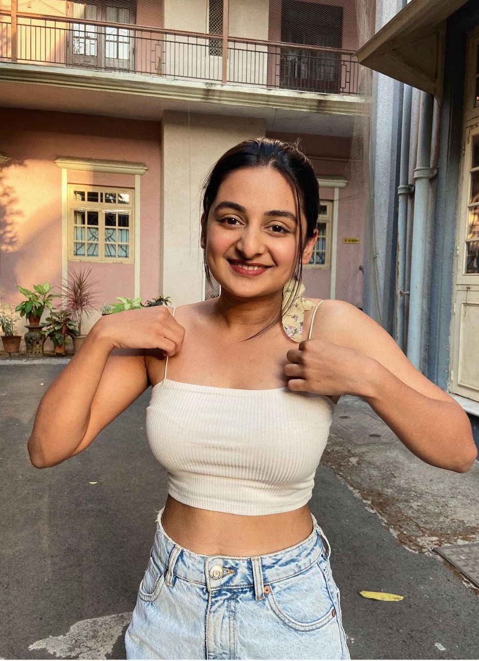 Esther anil posing in white colour hot slip hot photoshoot