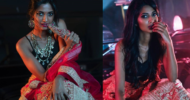 Keerthi pandiyan posing sensationally in glamour hot dress