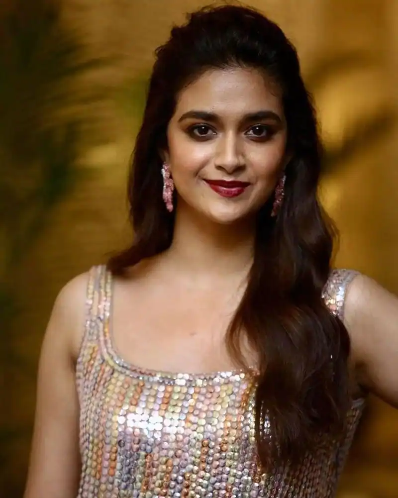 Keerthy suresh hot photos in shining golden colour dress
