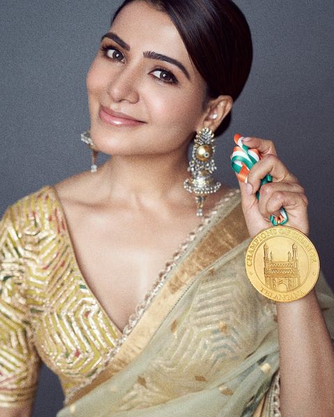 Samantha hot photoshoot in golden colour transparent saree