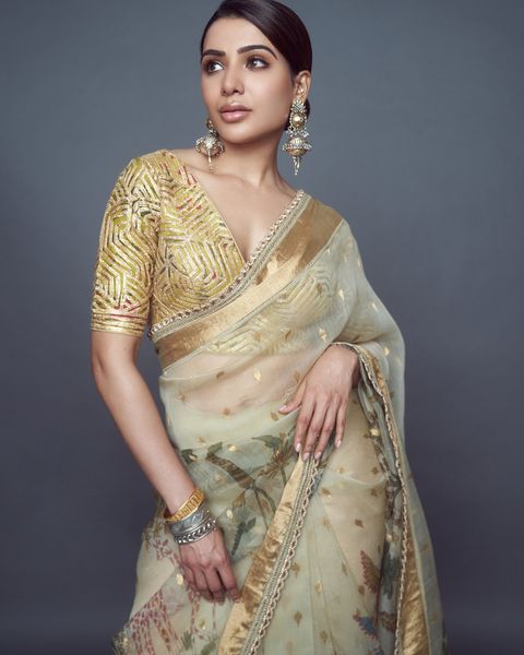 Samantha hot photoshoot in golden colour transparent saree