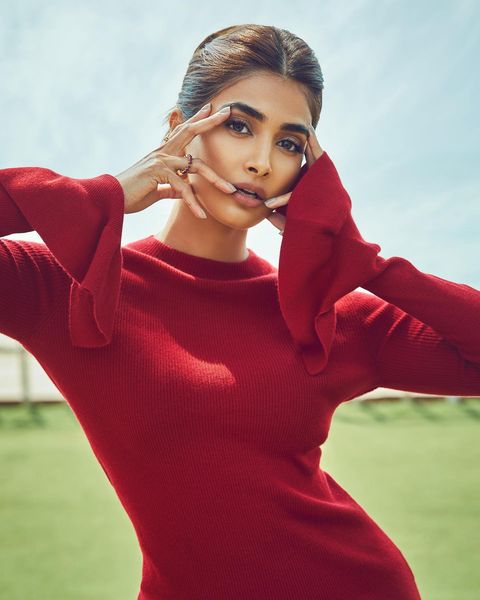Pooja hegde posing in red hot modern dress photoshoot