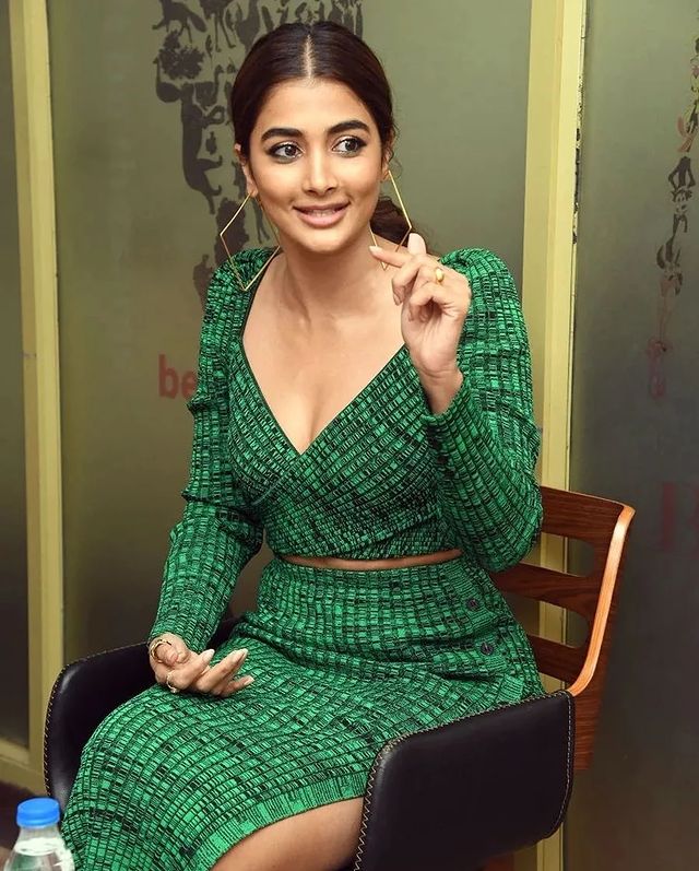 Pooja hegde in green colour dress glamour photoshoot