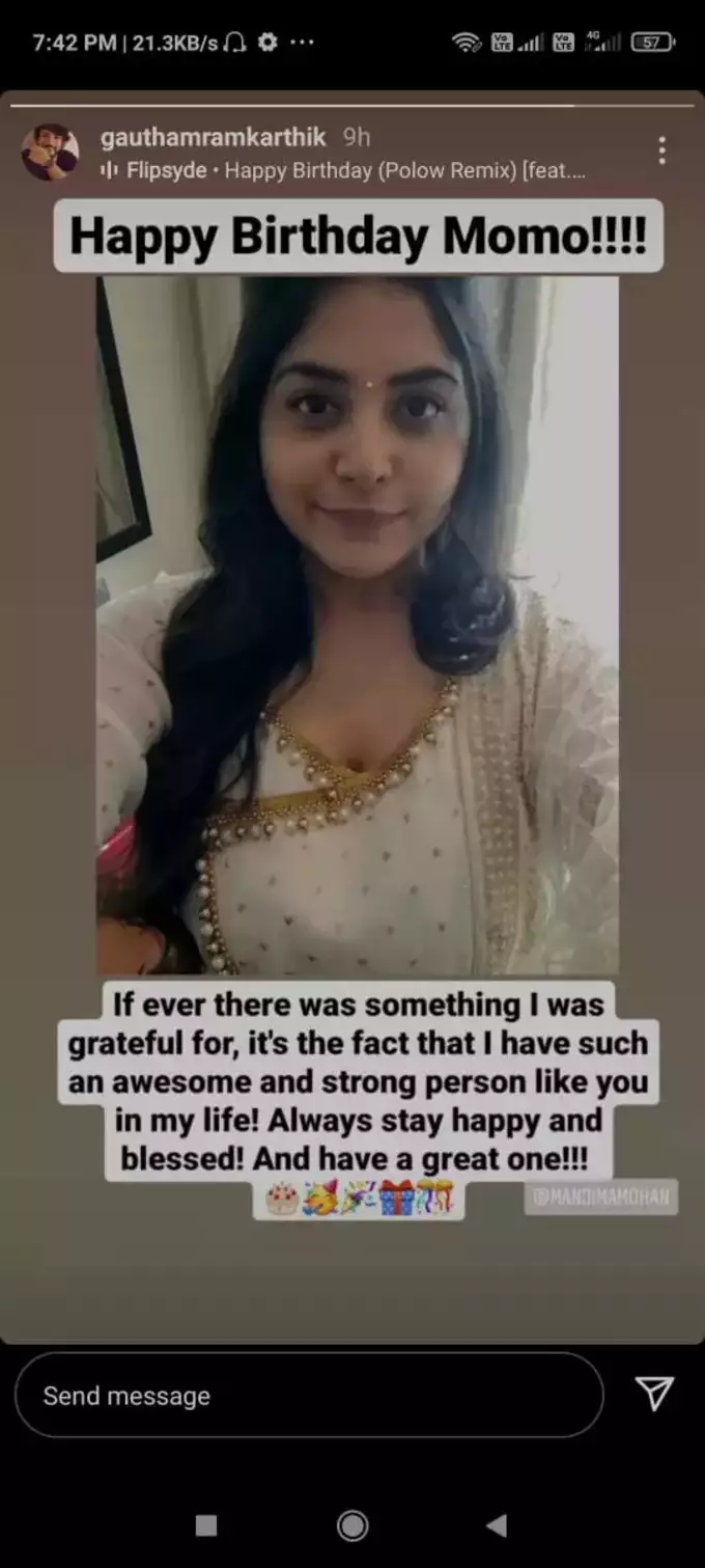 Gautham karthik confirms his love with manjima mohan with insta status