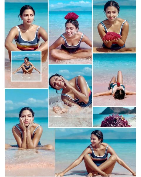 Amala paul photoshoot in beach sand and playing with waves