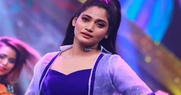 Losliya hot photos in blue colour saree and back open blouse