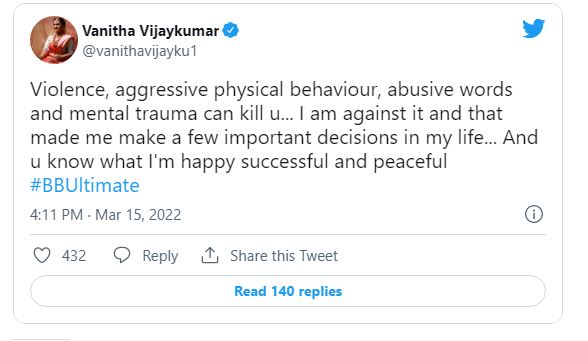 Vanitha posted tweet about biggboss ultimate show