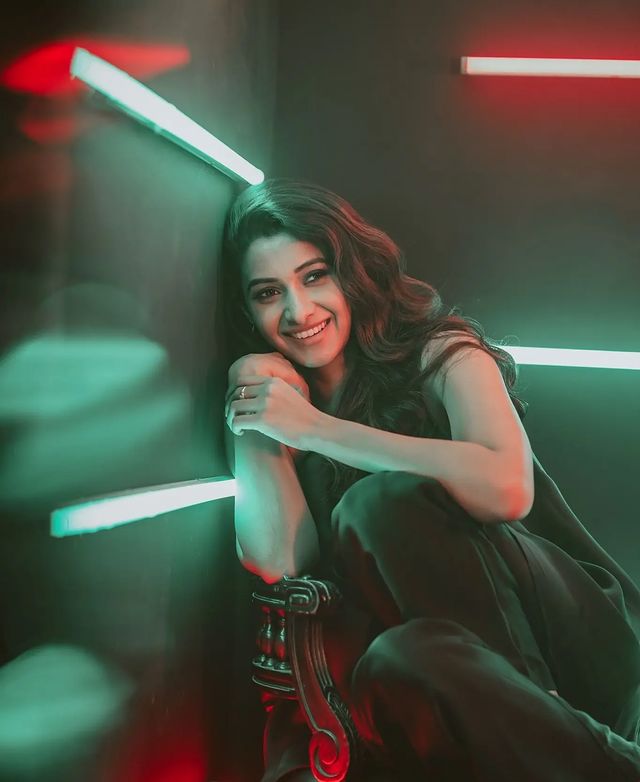 Priya bhavani shankar hot green velvet dress posing in smoke