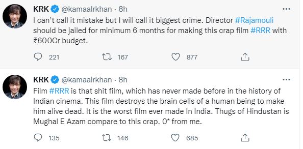 Bollywood star kamaalrkhan negative review about rrr film