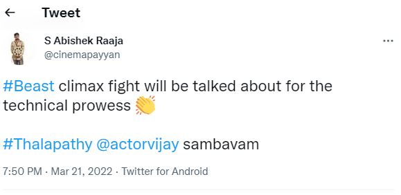 Abishek raja tweets about beast climax getting viral