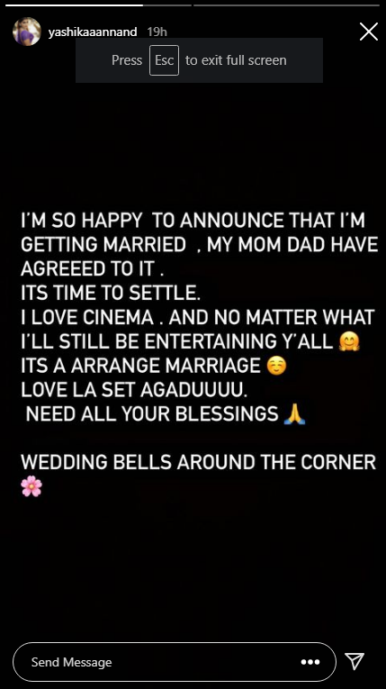 Yashika anandh announces about her marriage for april fool day