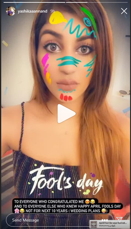 Yashika anandh announces about her marriage for april fool day