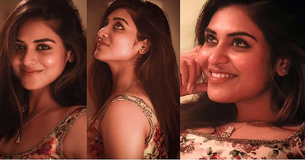 Indhuja ravichandran hot expressions and posing in modern dress in bedroom