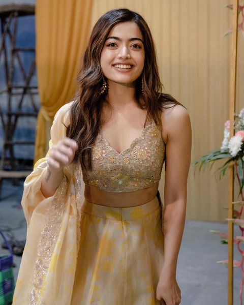 Rashmika mandanna hot photos in golden lehenga dress