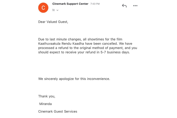 Theatre cancelled usa premiere show which doubts kaathuvaakula rendu kadhal movie release