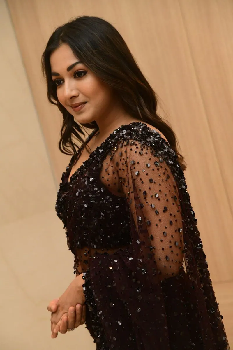 Catherine tresa hot photos in black saree looking chubby