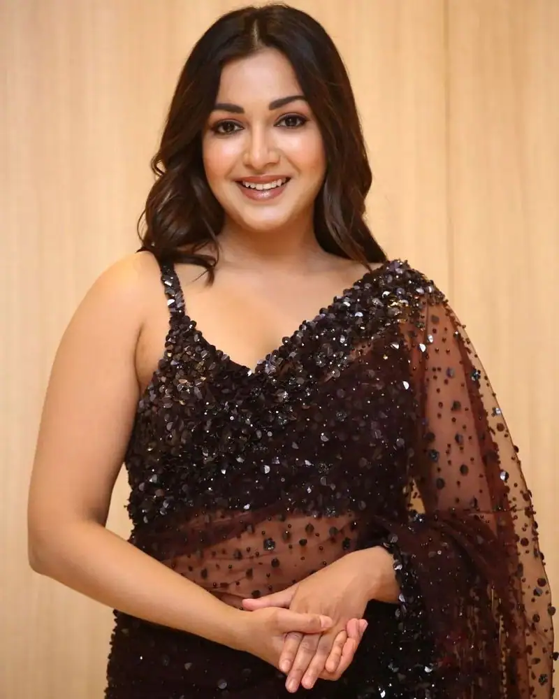 Catherine tresa hot photos in black saree looking chubby