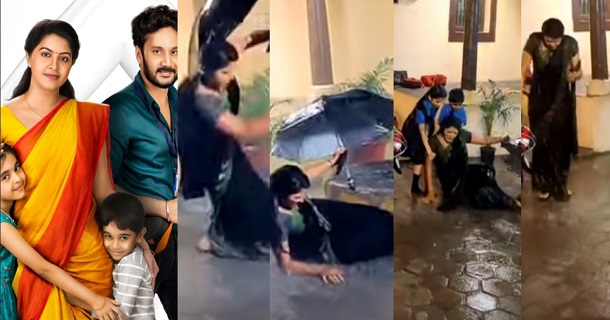 Rachitha mahalakshmi fell down in rain shooting spot of solla marantha kathai