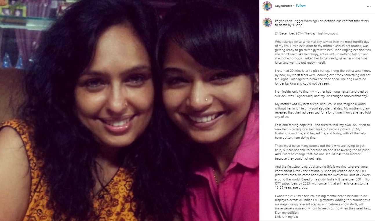 Vj kalyani posts about her own mom death and about suicidal thoughts petition