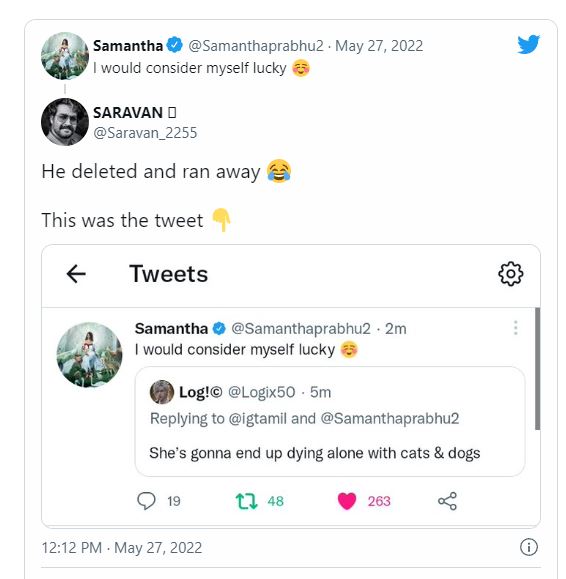 Samantha answers for a fan tweet about her pet dogs