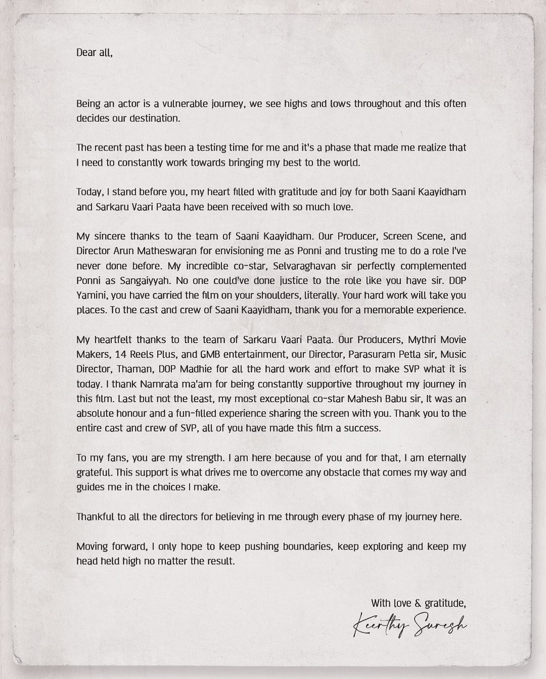 Keerthy suresh posts about ups and downs in her cinema journey