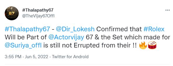 Lokesh kanagaraj to link rolex role in thalapathy67 viral tweet