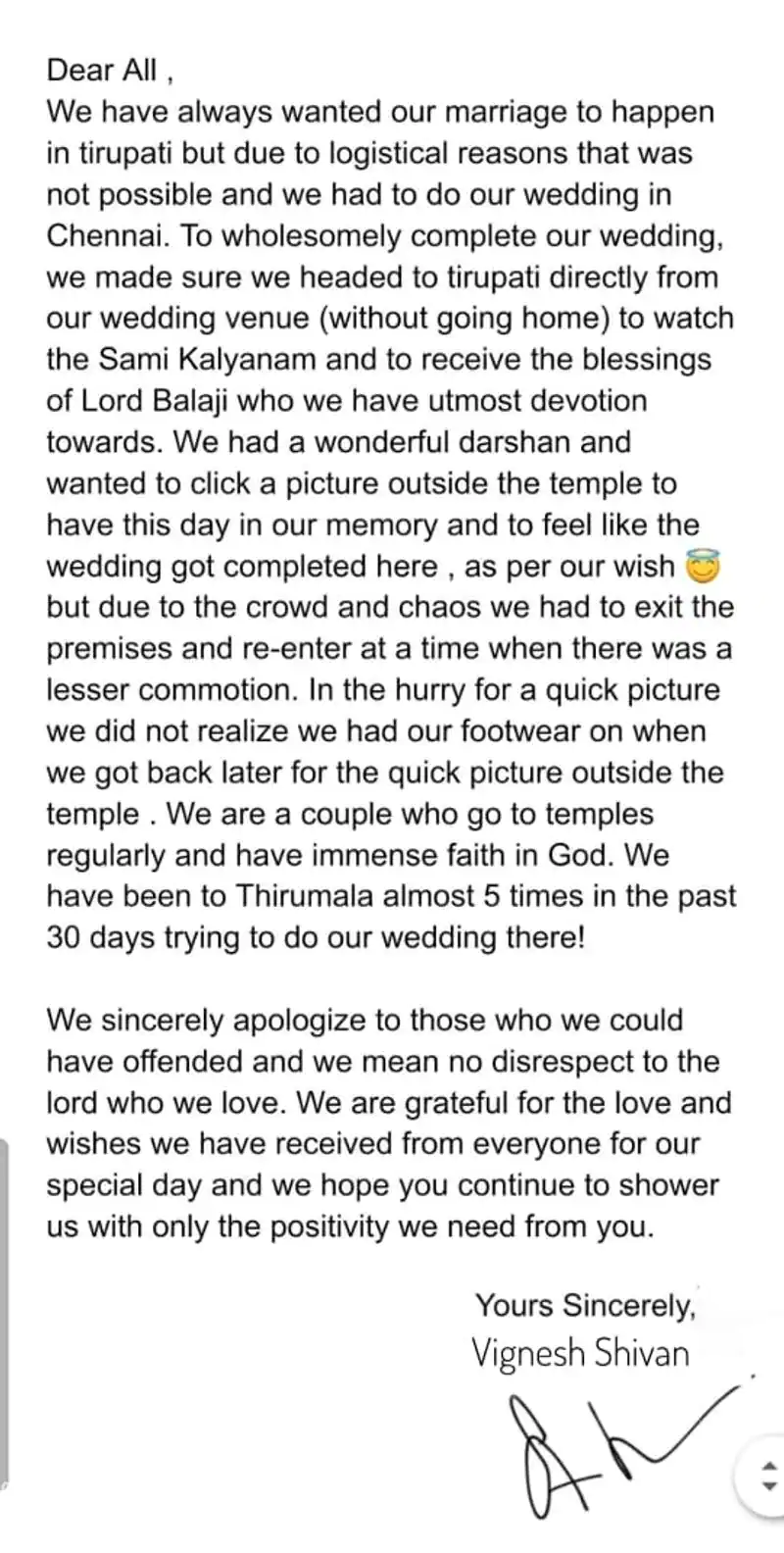 Vignesh shivan apology post for tirupati photoshoot and chappal issue in restricted area