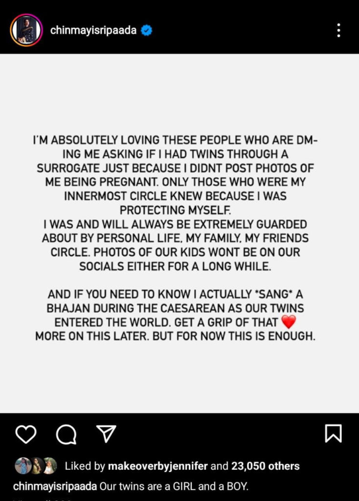 Chinmayi replies back about surrogacy tweet getting viral on social media