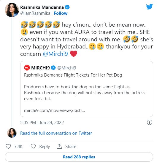 Rashmika clears about rumour about her dog on shooting