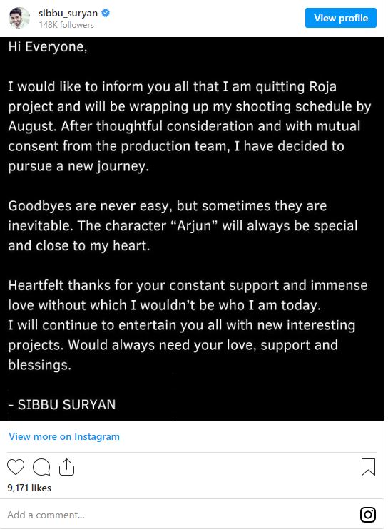 Roja serial hero sibbu suriyan exit from serial announcement getting viral on social media