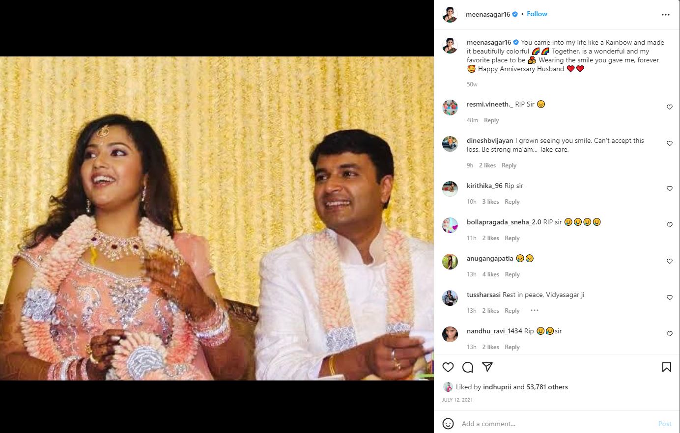 Actress meena old post on her anniversary getting viral on social media