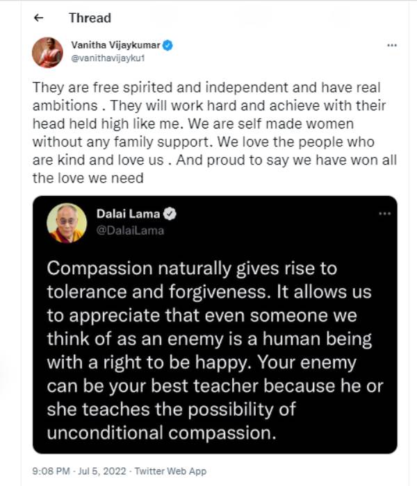 Vanitha vijayakumar tweets about people who have hurted her post getting viral