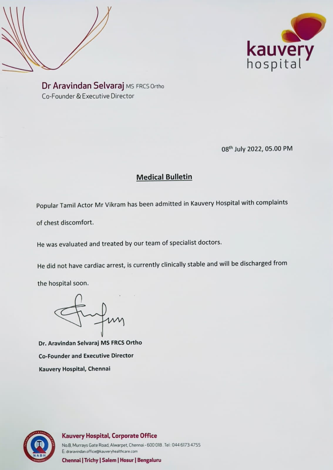 Chiyaan vikram health issue doctors press release