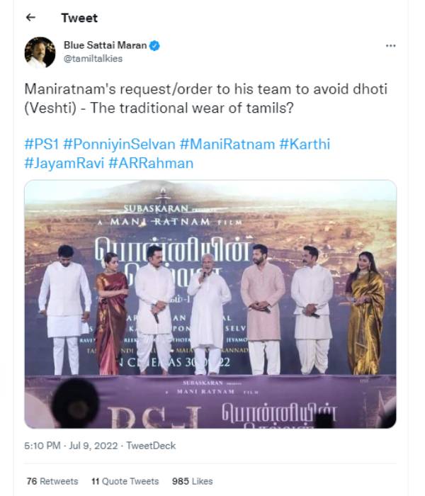 Blue sattai maaran tweets about ponniyin selvan teaser event