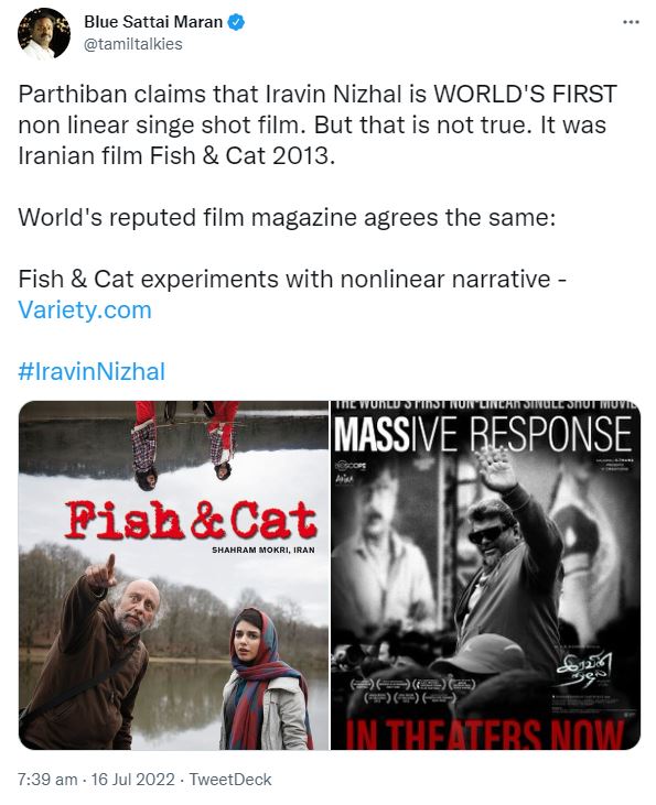 Blue sattai maaran tweets about iravin nizhal movie tweet getting viral on social media