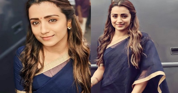 Trisha krishnan latest blue saree photos getting viral on social media