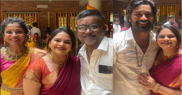 Dhanush and selvaragavan with actress vidhyulekha in family function