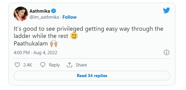 Does aathmika posts indirectly about aditi shankar tweet getting viral on social media