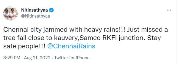 actor nithin sathya got in accident near alwarpet due to rain fell down