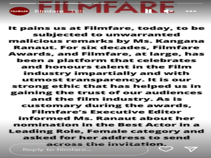 kangana ranaut name has been removed from filmfare awards